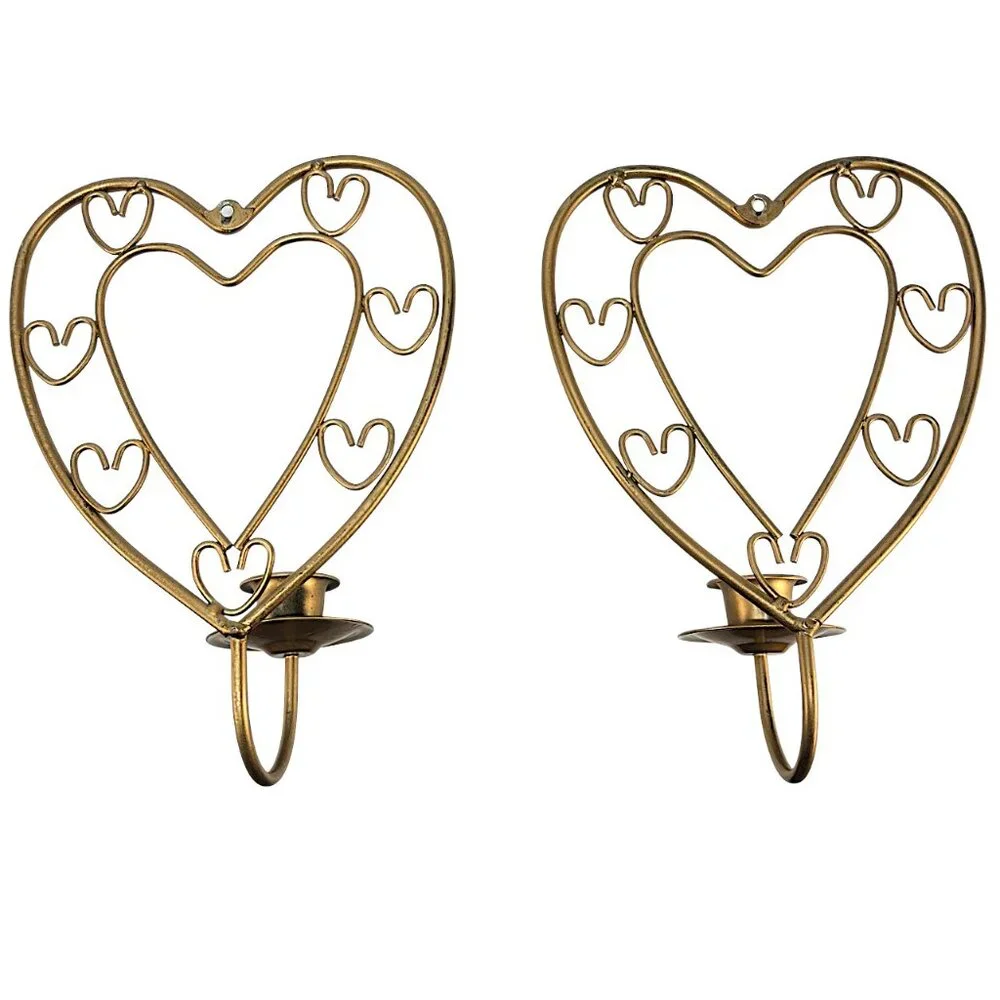 Two Vintage Heart Wall Candle Holders Pair Brass-Tone, Gold Tone Metal Sconces